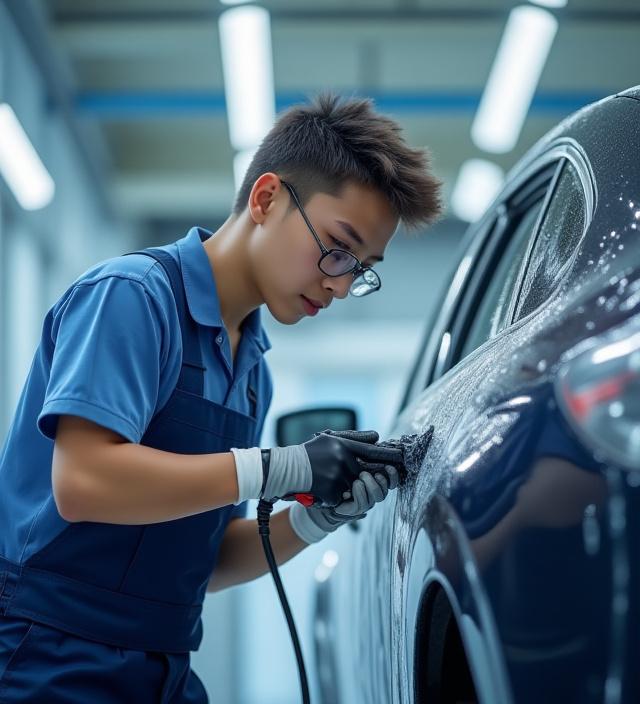 Tim Pulau Kilau sedang membersihkan mobil dengan teliti